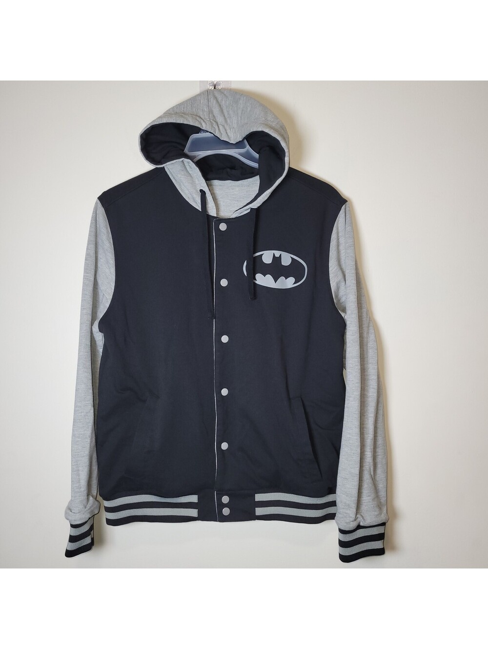 DC Comics Reversible Hoodie Jacket Men's M Batman Superman Gray Black Snap Front